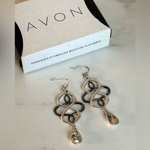 Avon Two-Tone Silver Celtic Knot Teardrop Crystal Statement Dangle Earrings 3”
